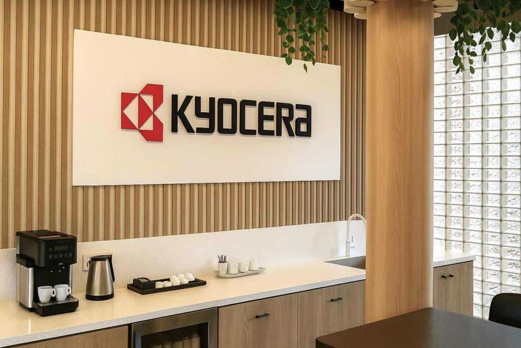 Adjacent meeting suites continue the story of collaboration. Soft green ceiling panels and carpet insets, paired with upholstered swivel chairs, deliver acoustic comfort and a joyful environment for strategy sessions. Bilingual wall graphics—Put knowledge to work / Mettre les connaissances au travail—signal Kyocera’s commitment to service across Canada while reinforcing innovative thinking.